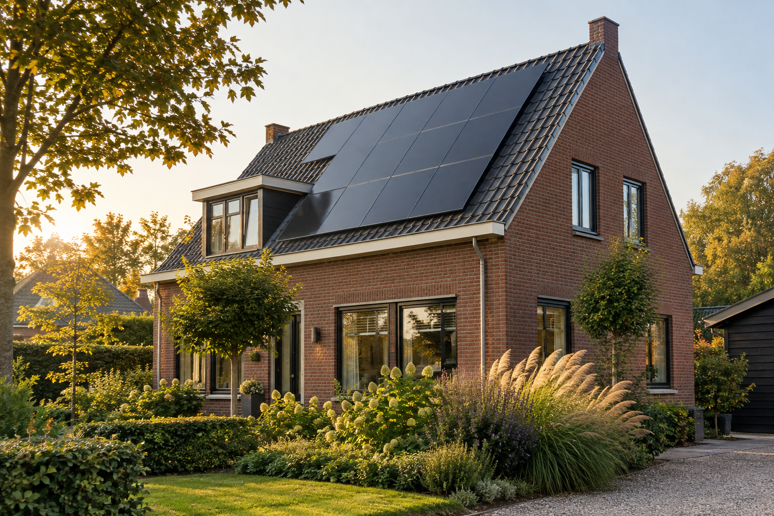 Sfeerbeeld van een woning met zonnepanelen in het avondlicht